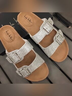Nicole Miller Silver Crystal Double-Buckle Slide Sandals